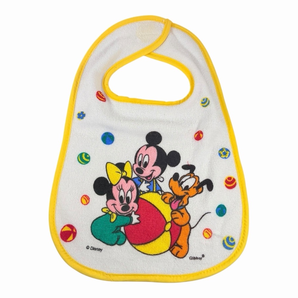 Vintage Classic Disney Mickey, Minnie, Pluto Yellow Baby Bib 90s